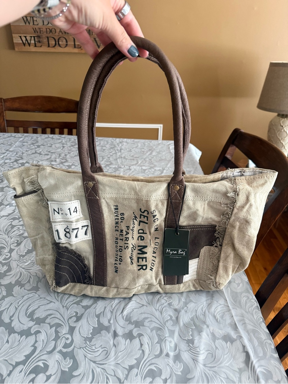 Myra Bag Beige Canvas Tote with Brown Handles